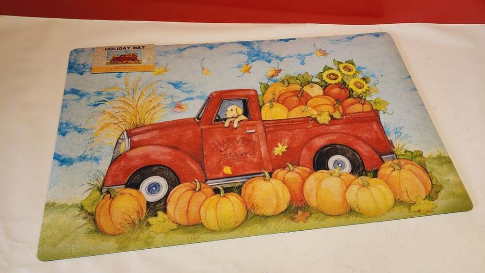 Holiday Mat Fall Harvest Red Truck with Pumpkins and Dog Door Mat 18 x 30 Inches